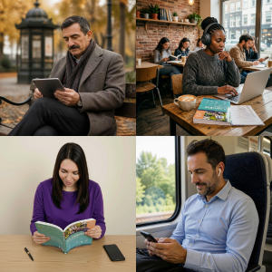 Adultos a aprender com livros, uma app e prática de conversação