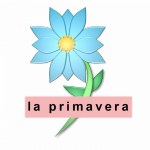 een blauwe bloem met een roze kader waarin la primavera staat 
