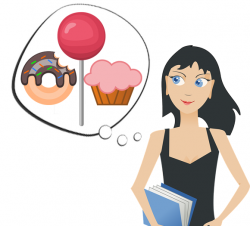 vrouw met tekstballon waarin een lolly, een donut en een muffin staan